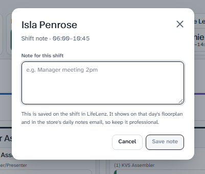 Adding a note to a shift.