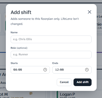 Add shift: name, role and times.
