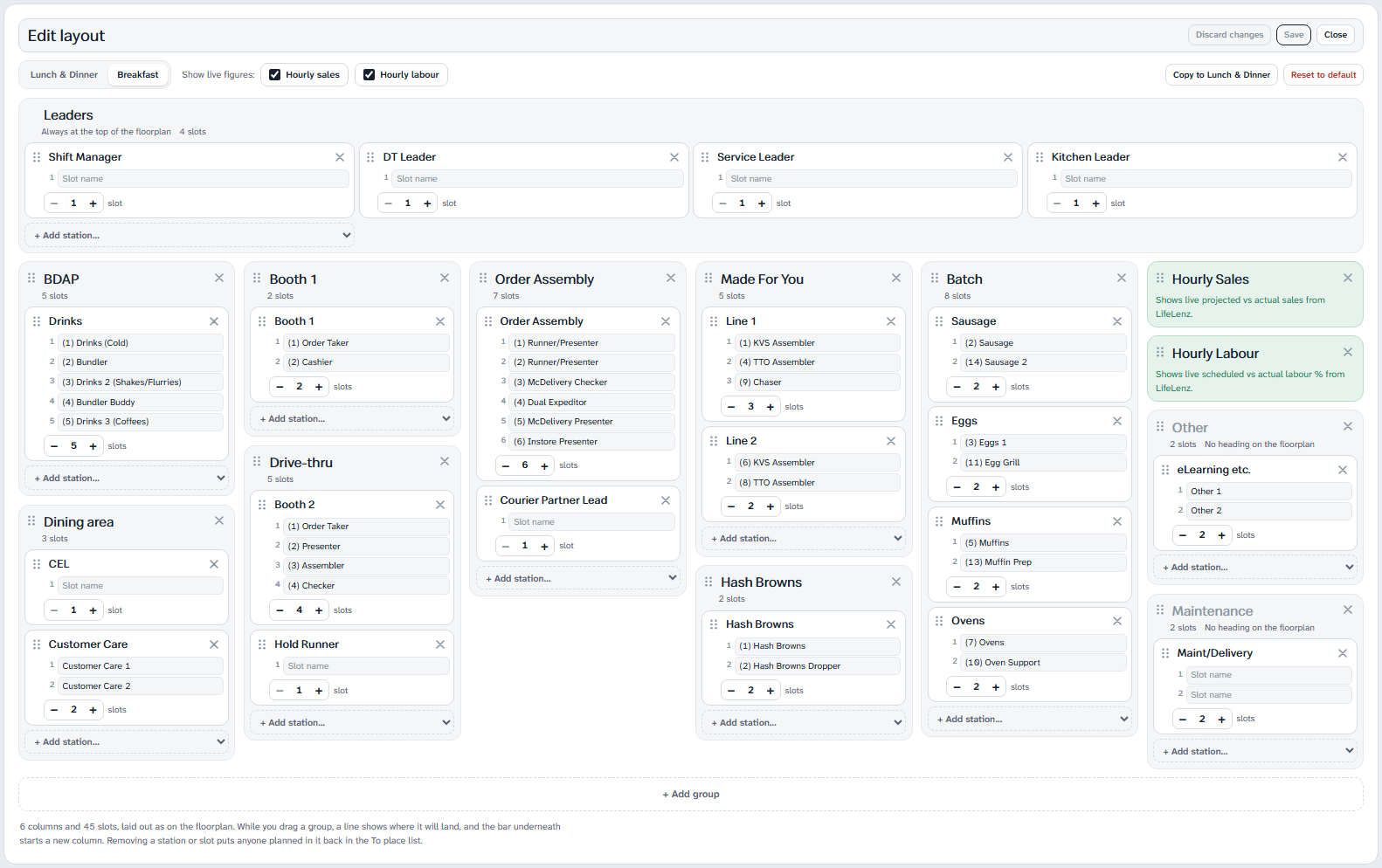 The layout editor: groups in columns, stations and positions you can drag, rename and add to.
