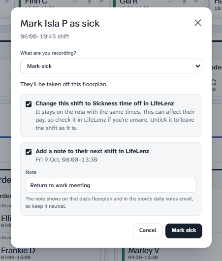 Mark sick: choose what to record, and what should change in LifeLenz.