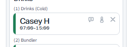 Hover over a name for its buttons: note, mark sick or absent, and take off.