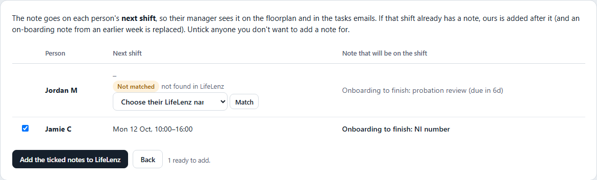 The plan: each starter's next shift and the exact note that will be added.