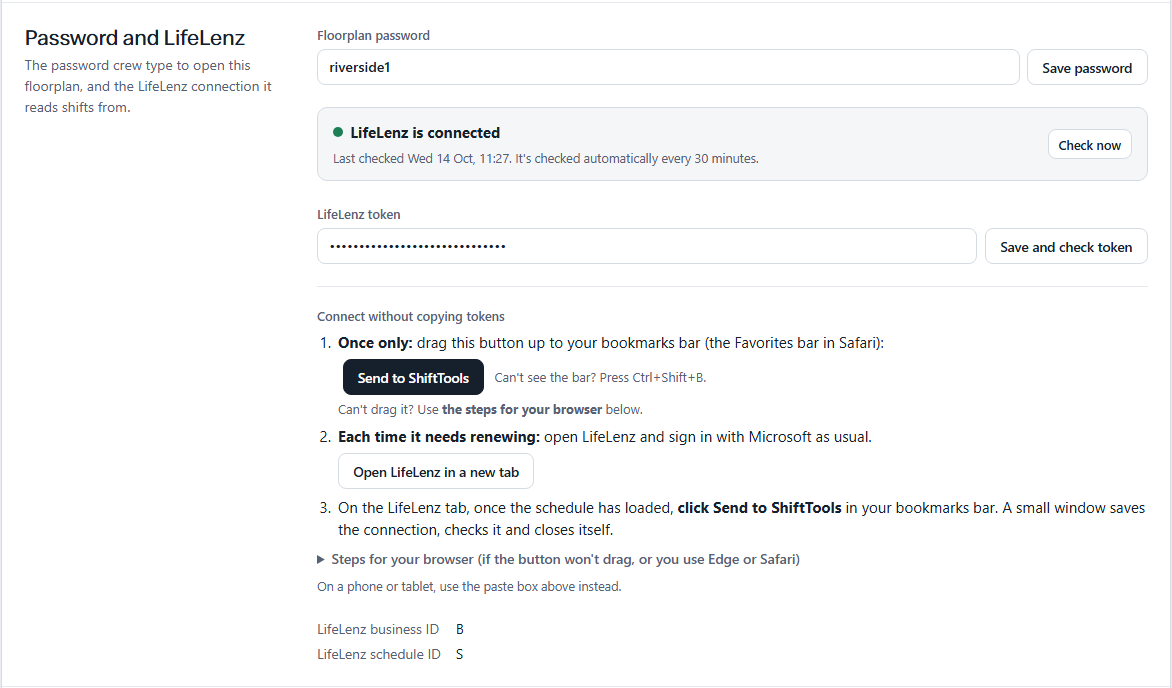 Password and LifeLenz in Store settings, with the connection status.