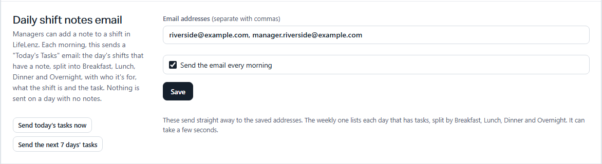 Daily shift notes email in Store settings.