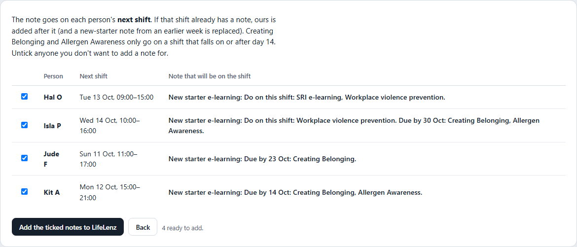 The plan for new starters: each next shift and the exact note that will be added.